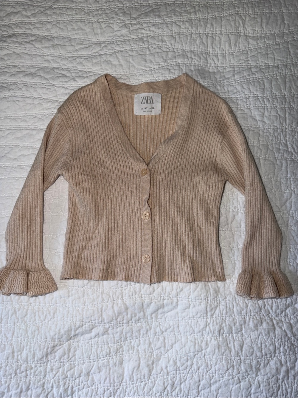 Zara girls’ beige ribbed v-neck cardigan with ruffle cuffs
